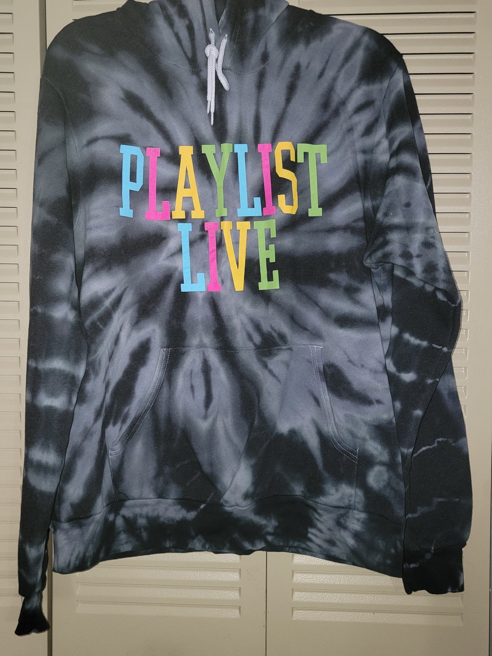 Womens Tie-Dye Hoodie Top - Black with Multicolor "PLAYLIST LIVE"